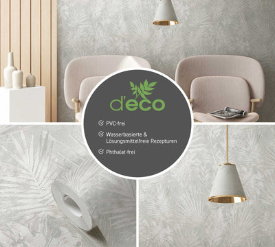 Eco-friendly wallpaper with jungle leaves, PVC-free, light grey - 1362520 AS Creation