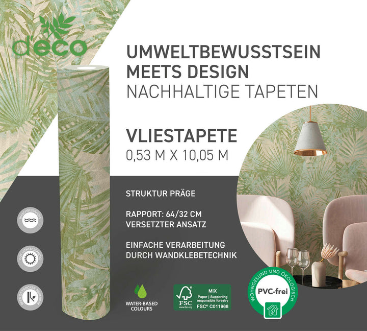 Ekoloģiskas tapetes ar džungļu lapām, bez PVH, zaļā - AS 386381 AS Creation