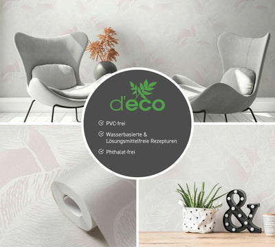 Eco-friendly wallpaper with leaf pattern, PVC-free: grey, white, 1363110 AS Creation