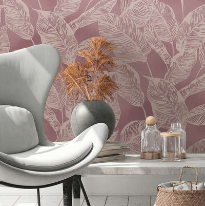 Eco-friendly wallpaper with leaf pattern, PVC-free: pink, cream, 1363112 AS Creation