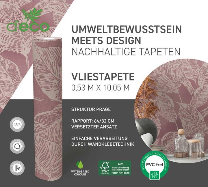 Ekoloģiskas tapetes ar lapas rakstu, bez PVC: rozā, krēmā, 386634 AS Creation