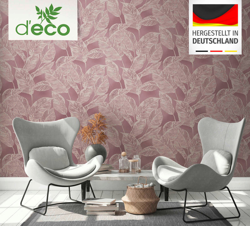 Eco-friendly wallpaper with leaf pattern, PVC-free: pink, cream, 1363112 AS Creation