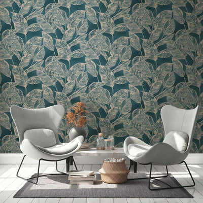 Eco-friendly wallpaper with leaf pattern, PVC-free: blue, 1363107 AS Creation