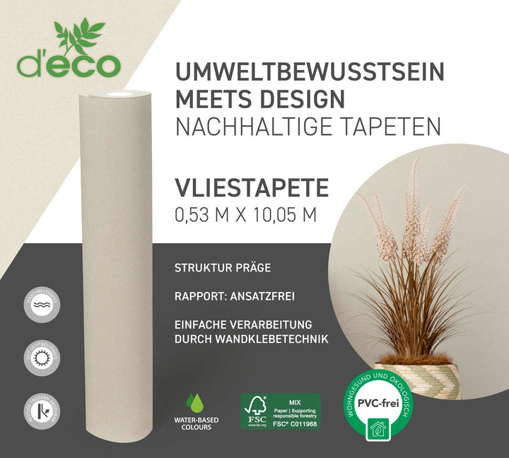 Lētas ekoloģiskas vienkrāsainas tapetes, bez PVC: krēmkrāsā - 386666 AS Creation