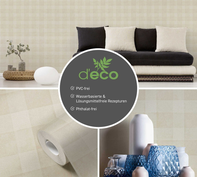 Eco-friendly wallpaper with a plaid pattern and linen look, without PVC: beige, 1363123 AS Creation