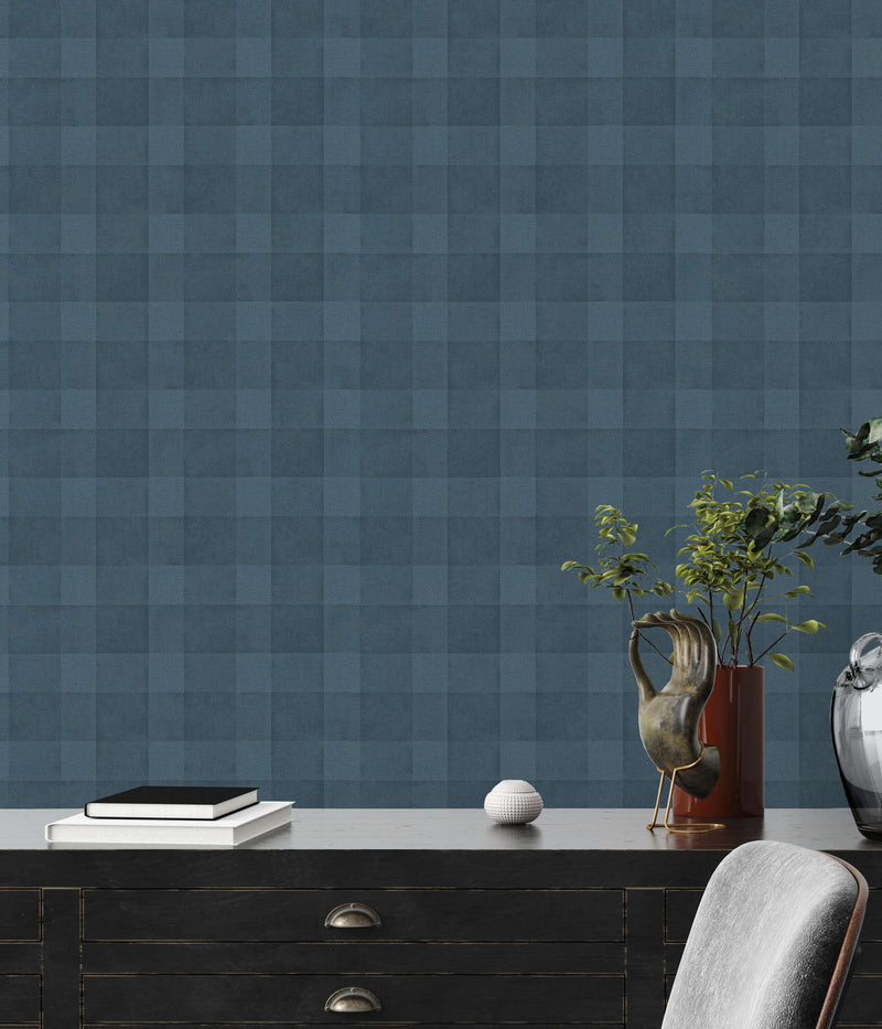 Eco-friendly wallpaper with a plaid pattern and linen look, PVC-free: dark blue, 1363122 AS Creation