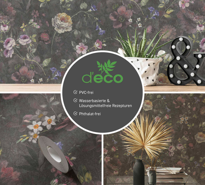 Eco wallpaper with floral pattern: black and green, 1362471 AS Creation