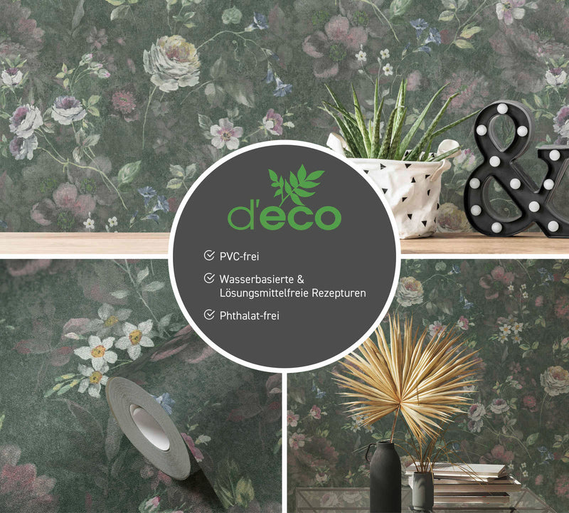 Ecological wallpaper with floral pattern: dark green, 1362472 AS Creation