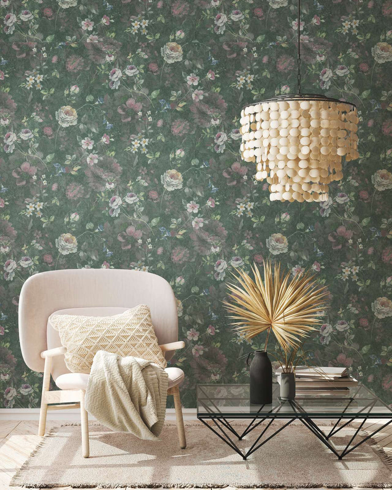 Ecological wallpaper with floral pattern: dark green, 1362472 AS Creation