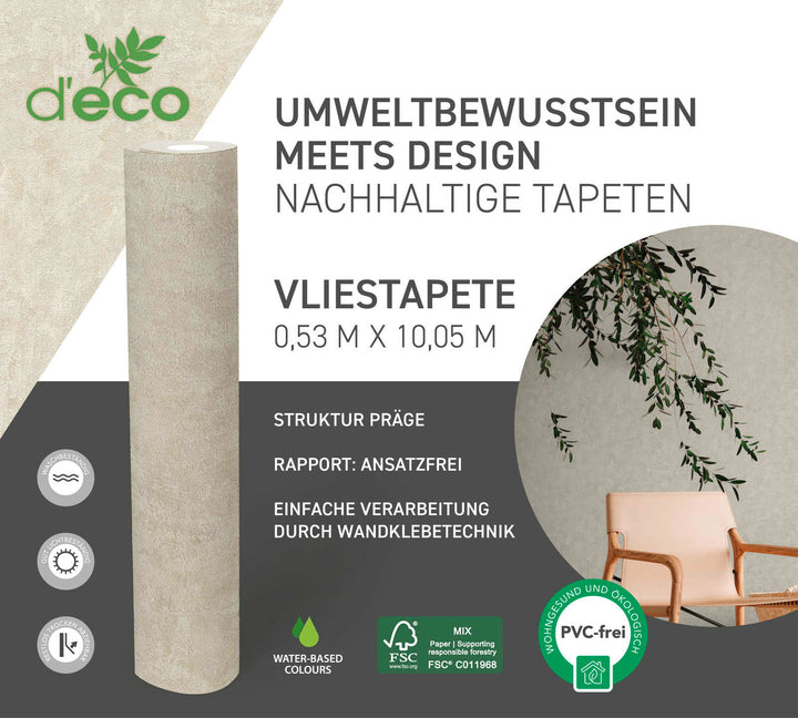 Ekoloģiskas tapetes bez PVC ar teksturētu izskatu: bēšā, 38639 AS Creation