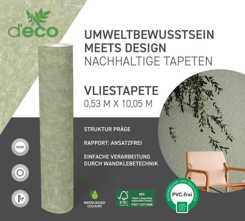 Ympäristöystävällinen PVC-vapaa tapetti, jossa on kuvioitu ulkonäkö: vaaleanvihreä, 1362530 AS Creation