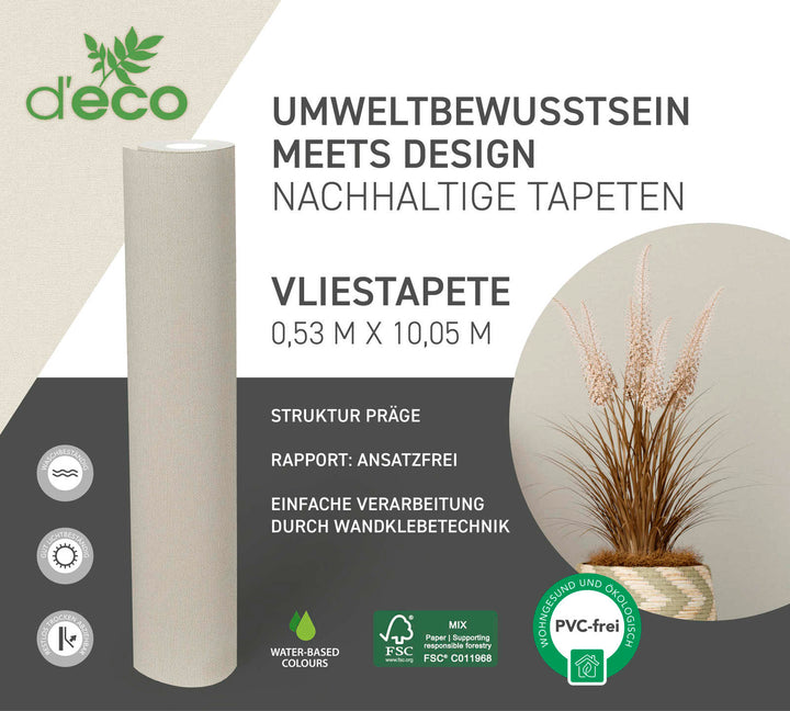 Ekoloģiskas vienkrāsainas tapetes, bez PVC: krēmkrāsā - 386665 AS Creation
