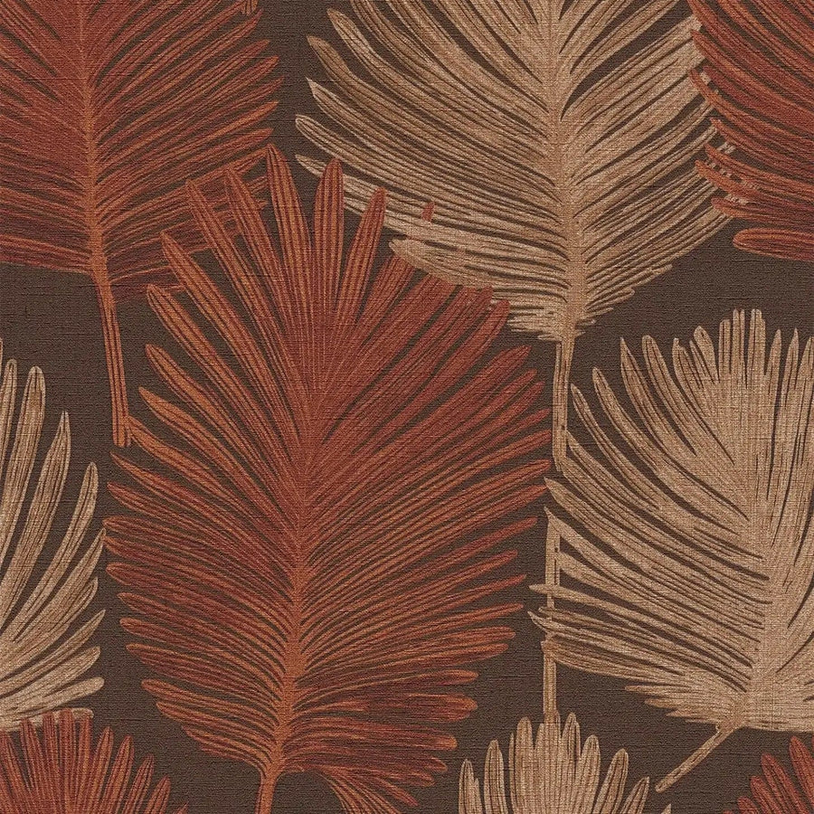 Tapetes ar palmu lapu rakstu un smalku tekstūru, brūnā - 786735 AS Creation