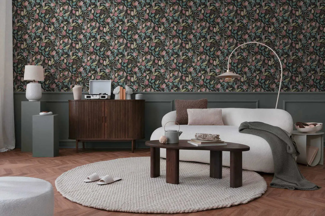 Elegantas neaustas tapetes ar tropu ziediem | melna, roza | 3010136 AS Creation