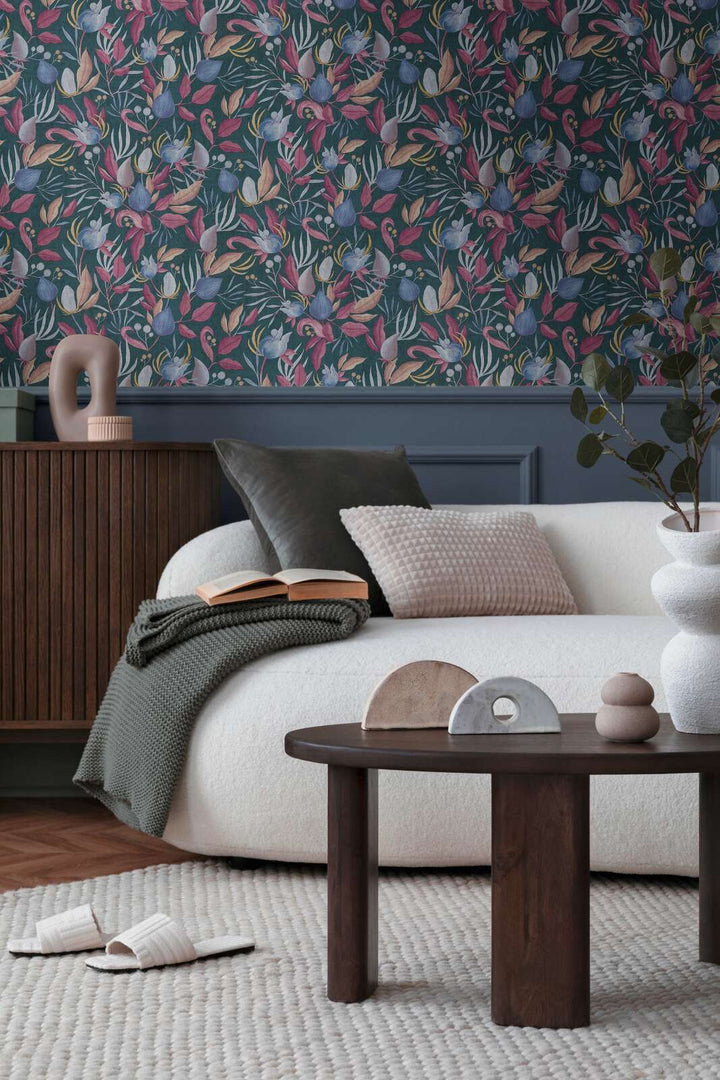 Elegantas neaustas tapetes ar tropu ziediem | zila, roza | 3010137 AS Creation