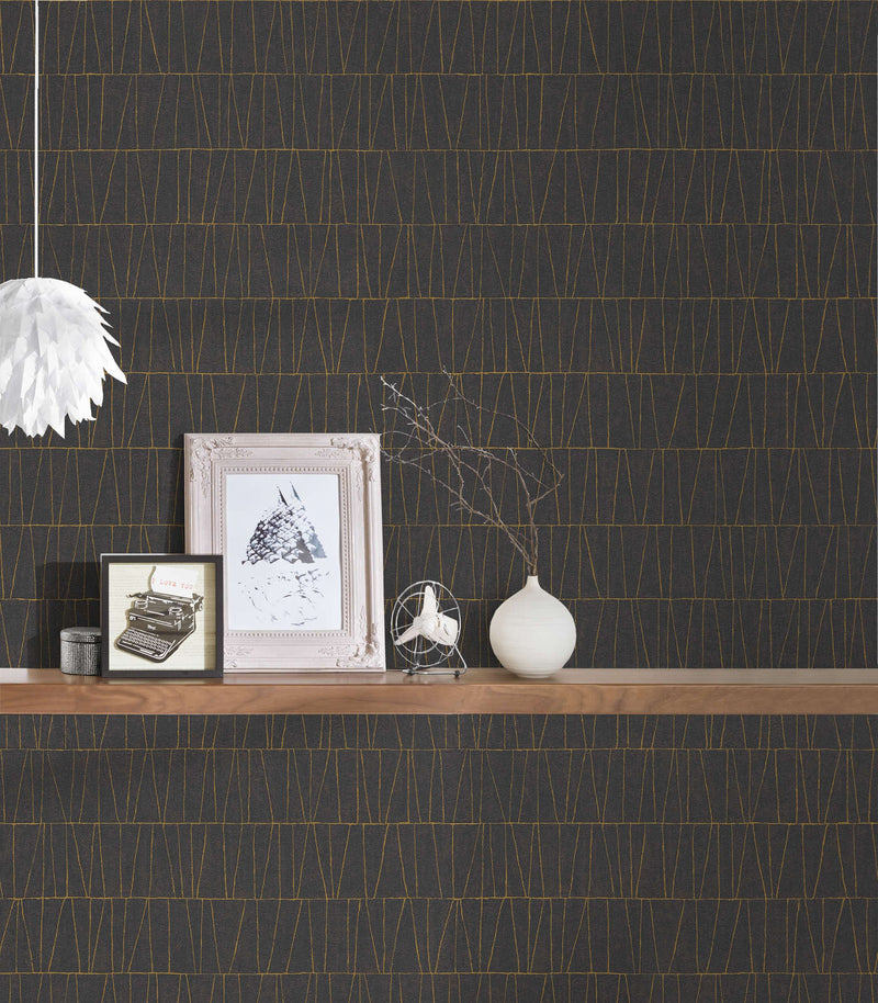 Elegant wallpaper with golden details: black, gold, anthracite, 1403467 AS Creation