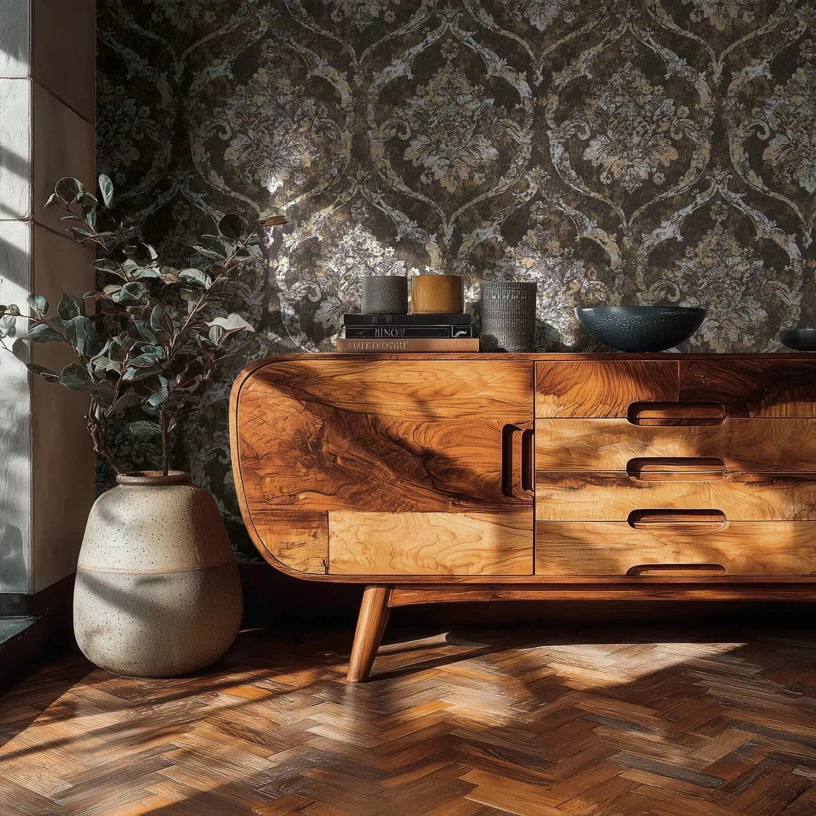 Tummanruskea barokkitapetti eksklusiivisessa ja klassisessa olohuoneessa. SKU: 3007262, AS Creation.