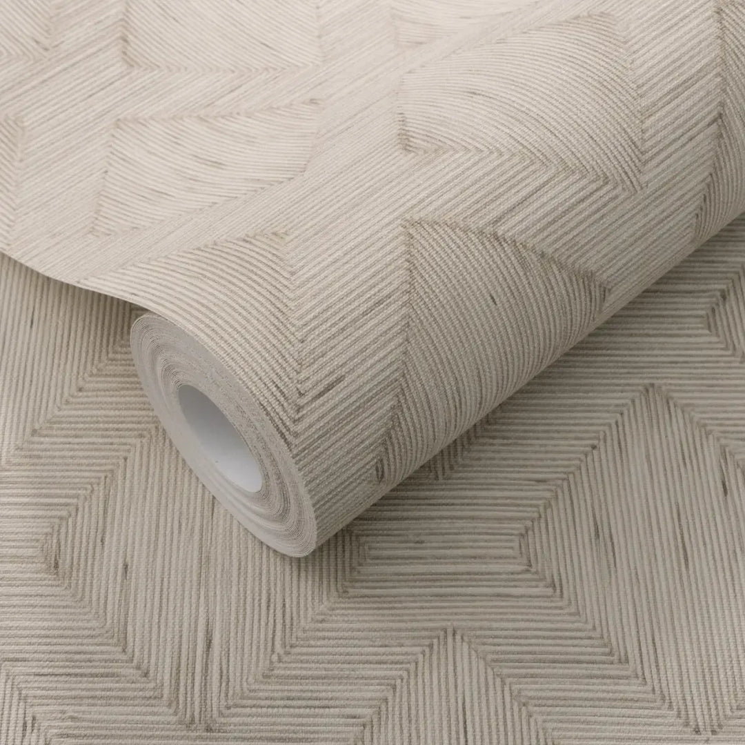 Non-woven wallpaper roll in beige with textured geometric line and diamond pattern. High-quality wallpaper roll.