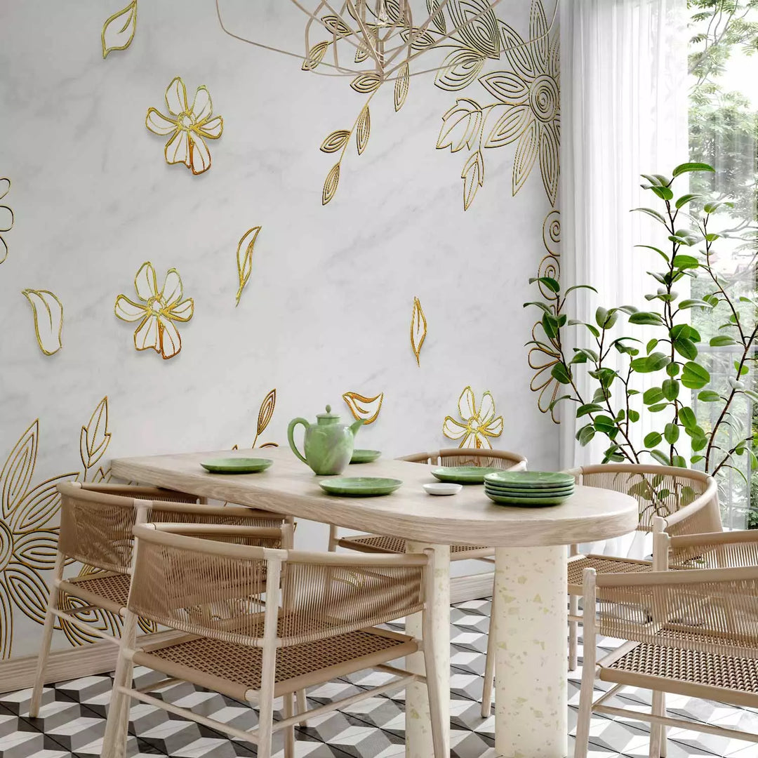 Fototapeet - Kuldne lilleornament alabastri taustal, 138288