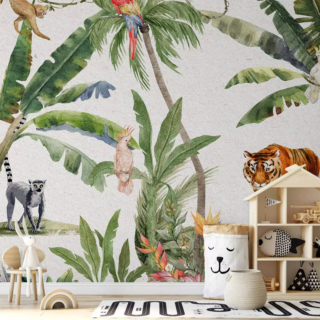 Fototapetes - Džungļi pieklusinātās krāsās ar dzīvniekiem, 149221