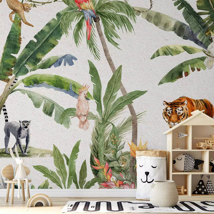 Fototapetes - Džungļi pieklusinātās krāsās ar dzīvniekiem, 149221