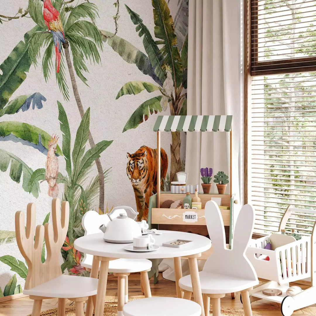 Fototapetes - Džungļi pieklusinātās krāsās ar dzīvniekiem, 149221