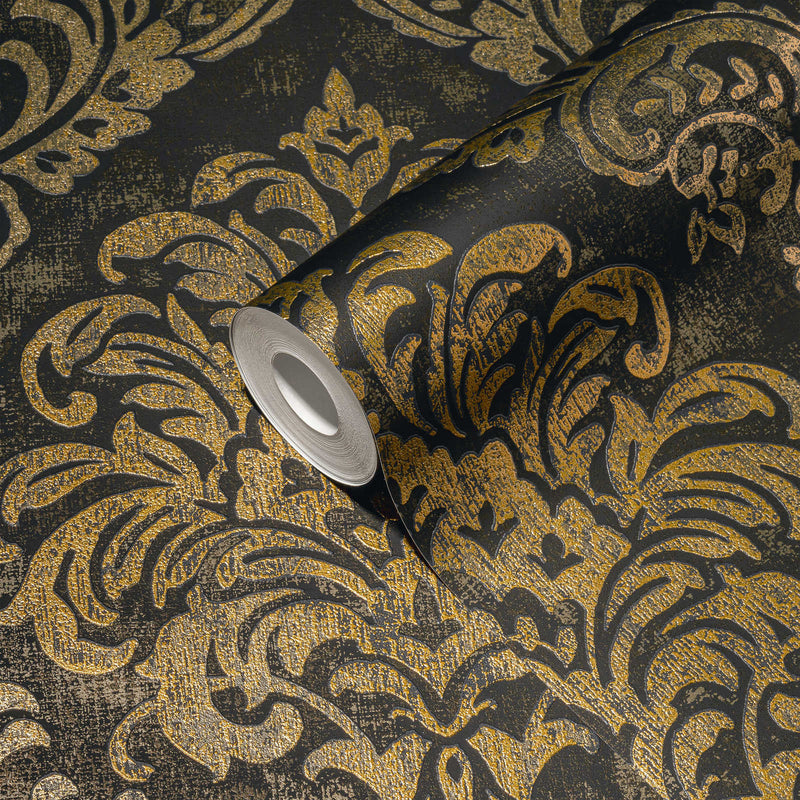 Non-Woven wallpapers with baroque ornaments and metallic look, black - 1373723 AS Creation