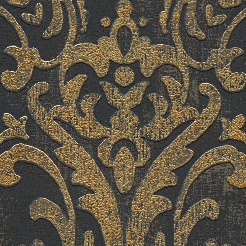 Флизелиновые обои с барочным орнаментом и металлическим покрытием, черный - 1373723 AS Creation
