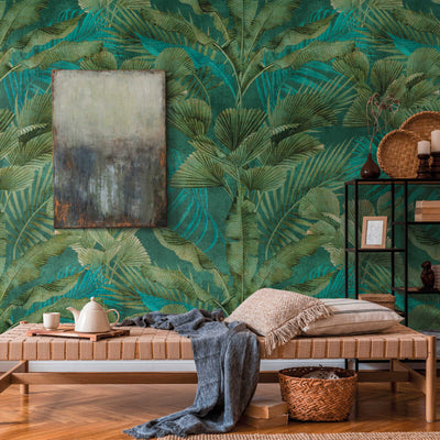 Non-woven wallpaper with different jungle leaves in green, 1375253 AS Creation