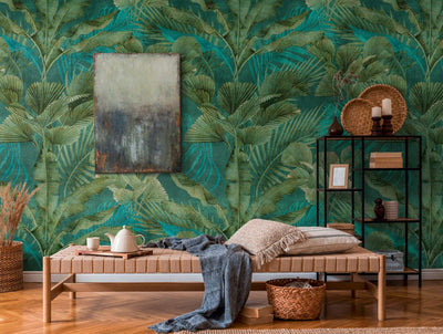 Non-woven wallpaper with different jungle leaves in green, 1375253 AS Creation