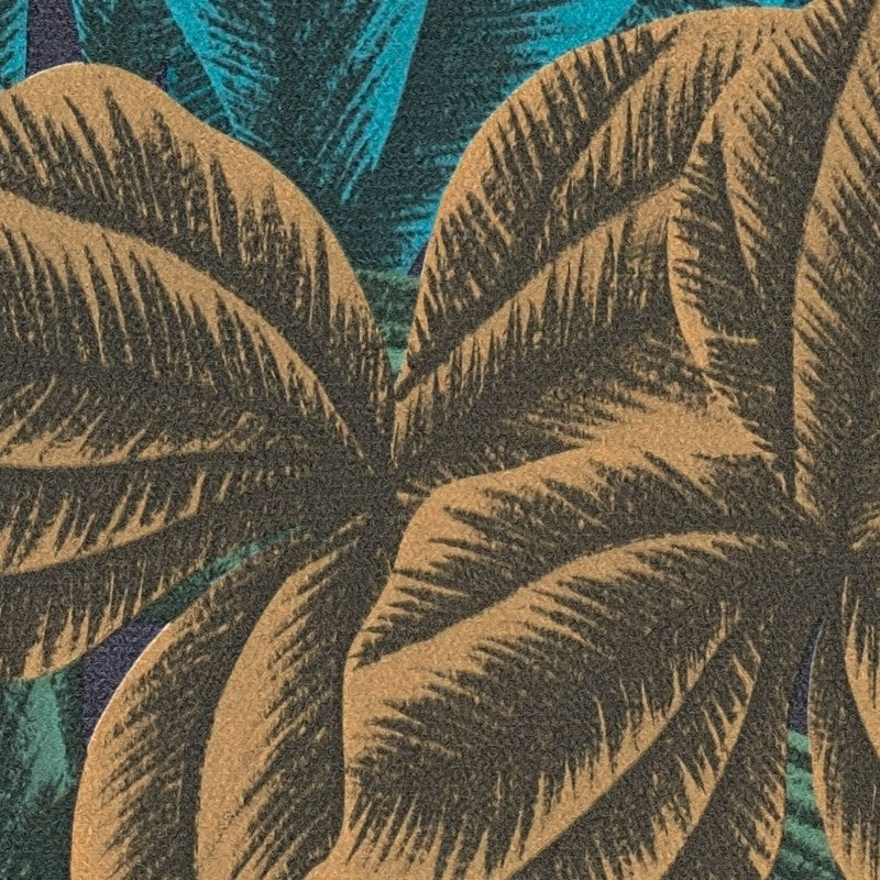 Флизелиновые  Обои с мотивом листьев джунглей в синих и зеленых тонах, 1376035 AS Creation