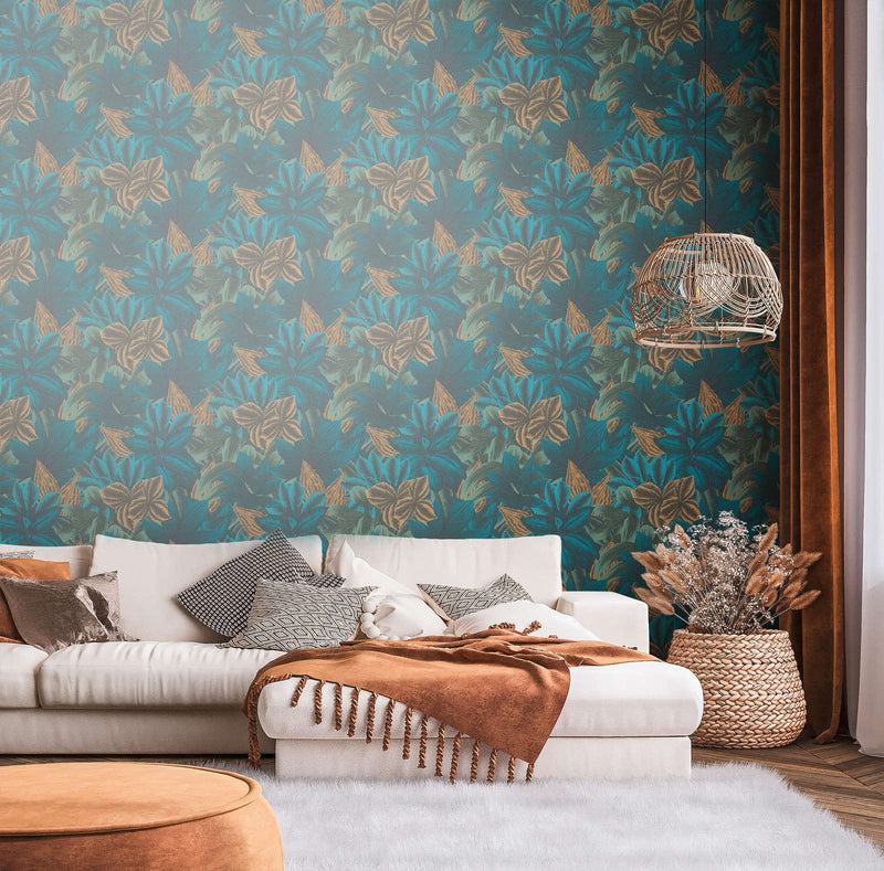 Non-woven wallpaper with jungle leaf motif in blue and green, 1376035 AS Creation