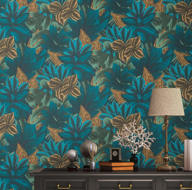 Flizelininiai tapetai su džiunglių lapų motyvais mėlyna ir žalia spalvomis, 1376035 AS Creation