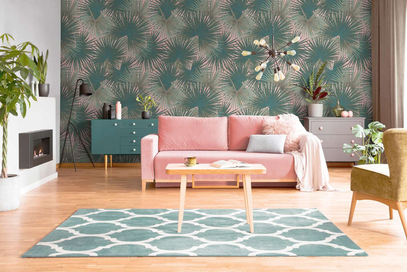 Non-woven wallpaper with large leaves in shades of green and pink, 1375244 AS Creation