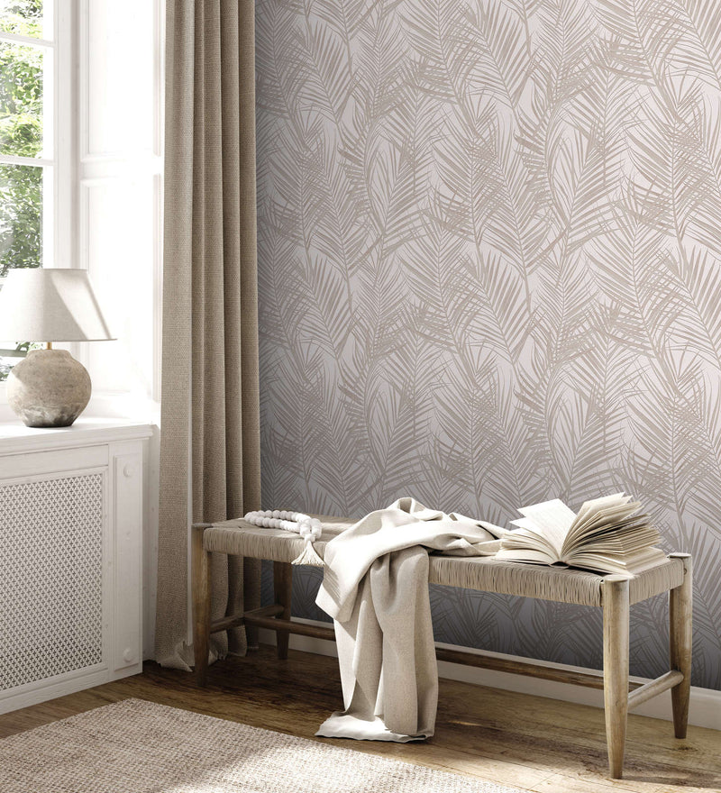 Non-Woven wallpapers with large palm leaves: beige, 1372357 AS Creation