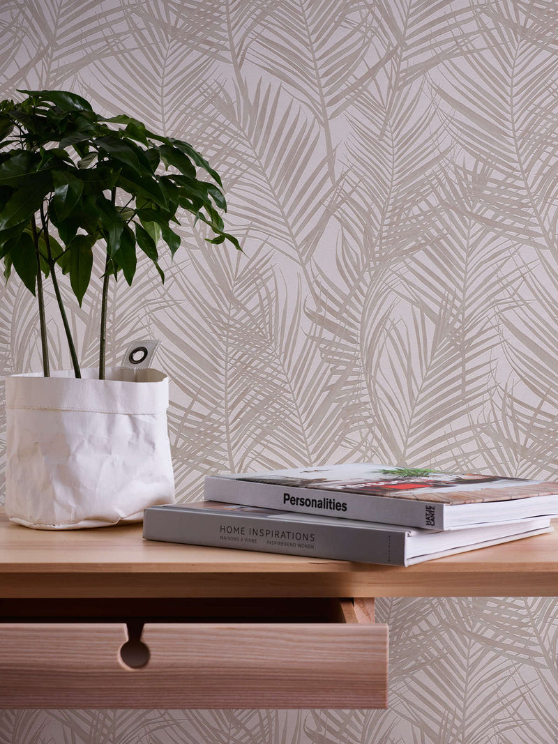 Non-Woven wallpapers with large palm leaves: beige, 1372357 AS Creation