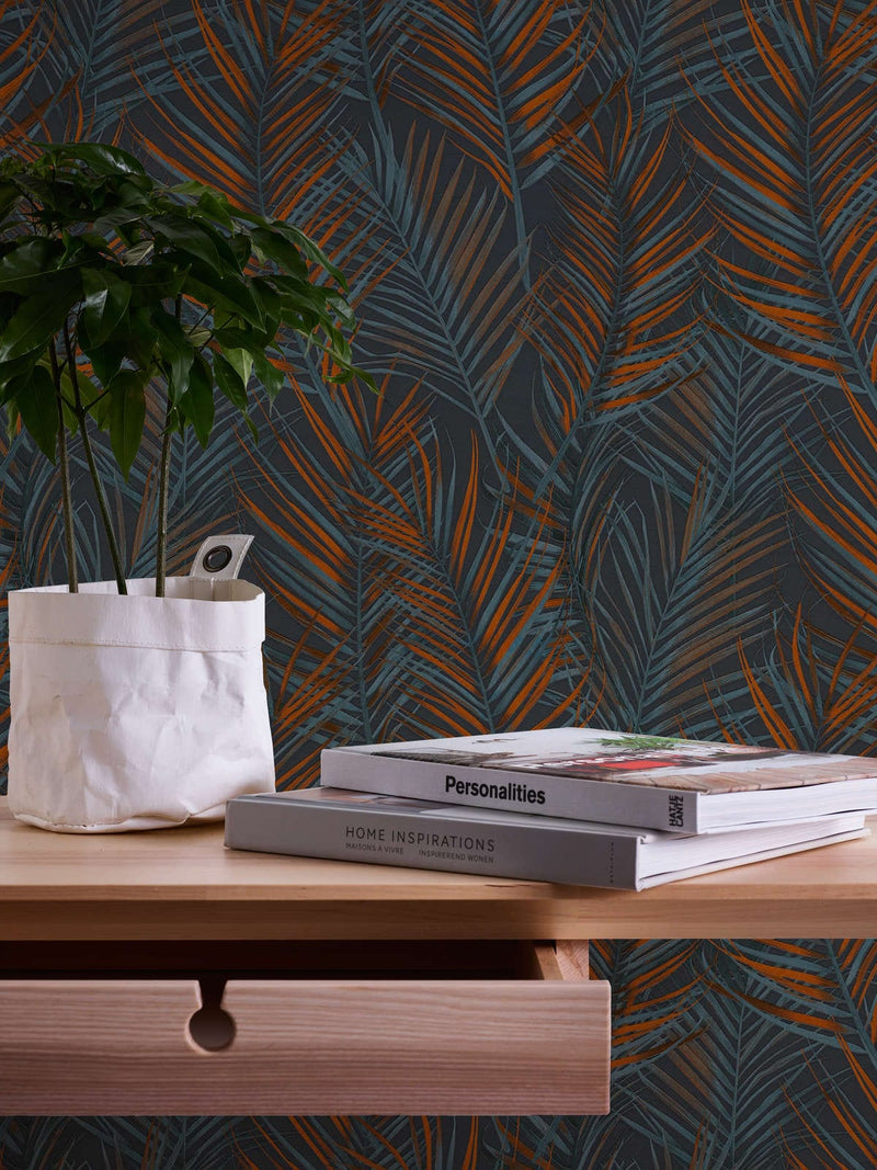 Non-Woven wallpapers with large palm leaves: black, orange, blue - 1372362 AS Creation