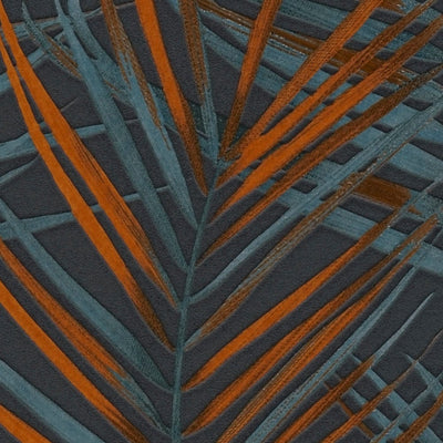 Flizelīna tapetes ar lielām palmu lapām: melna, oranža, zila - 1372362 AS Creation
