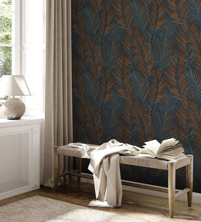 Non-Woven wallpapers with large palm leaves: black, orange, blue - 1372362 AS Creation