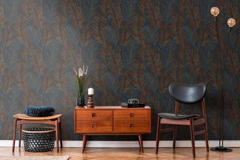 Non-Woven wallpapers with large palm leaves: black, orange, blue - 1372362 AS Creation