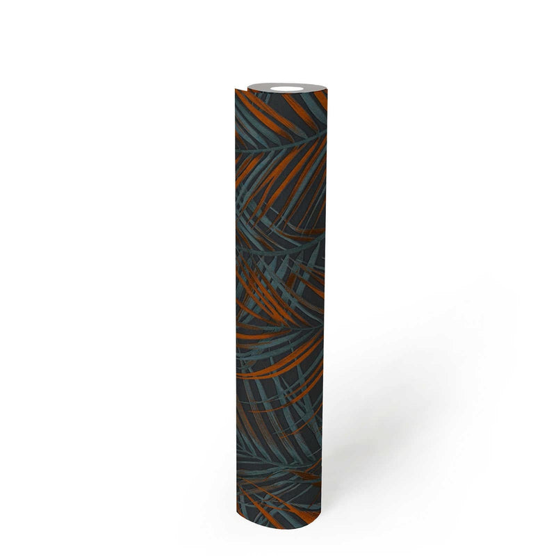Flizelīna tapetes ar lielām palmu lapām: melna, oranža, zila - 1372362 AS Creation
