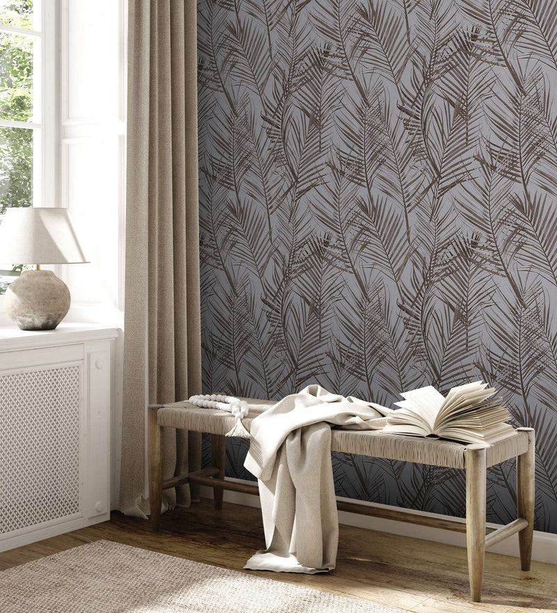 Non-Woven wallpapers with large palm leaves: grey and brown, 1372360 AS Creation