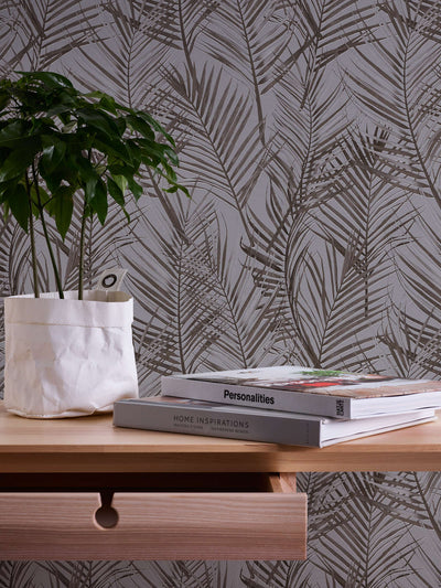 Non-Woven wallpapers with large palm leaves: grey and brown, 1372360 AS Creation