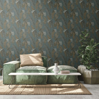 Non-woven Wallpaper with large palm leaves in dark colour, 1375767 AS Creation