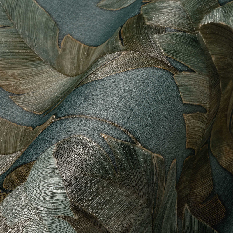 Non-woven Wallpaper with large palm leaves in dark colour, 1375767 AS Creation