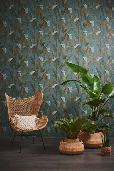 Non-woven Wallpaper with large palm leaves in dark colour, 1375767 AS Creation