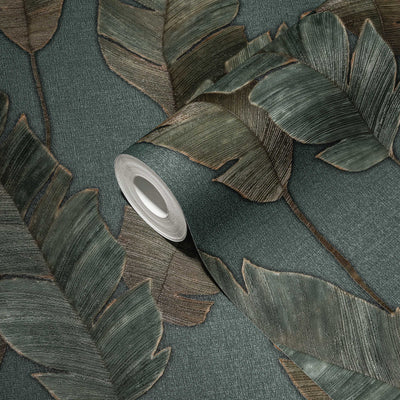 Non-woven Wallpaper with large palm leaves in dark colour, 1375767 AS Creation