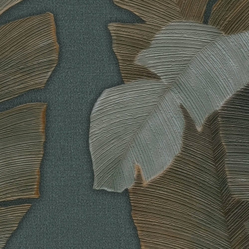 Non-woven Wallpaper with large palm leaves in dark colour, 1375767 AS Creation