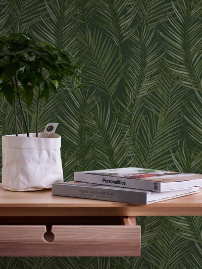 Non-Woven wallpapers with large palm leaves: dark green, 1372361 AS Creation