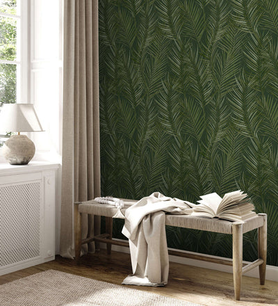 Non-Woven wallpapers with large palm leaves: dark green, 1372361 AS Creation